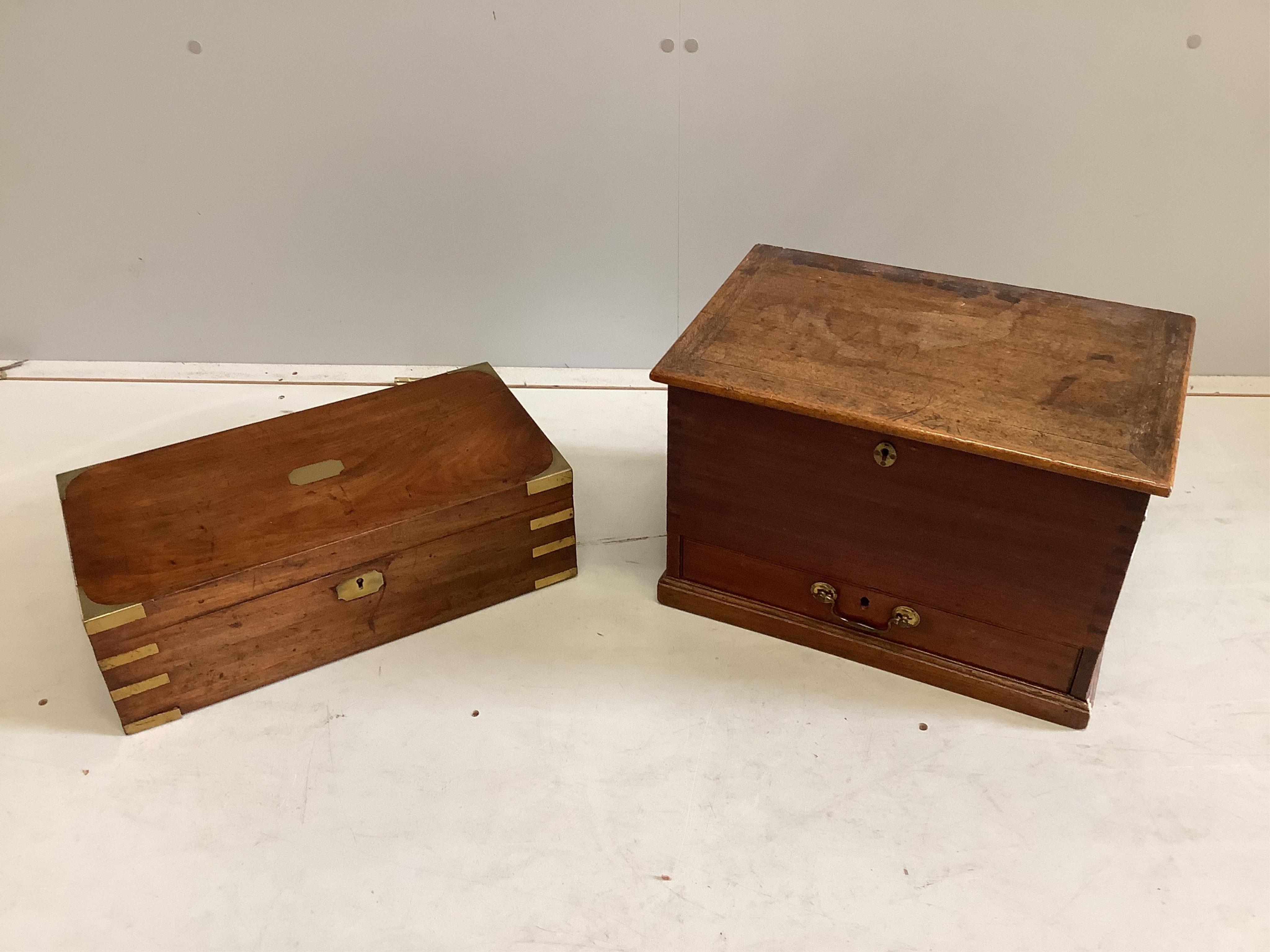 A 19th century mahogany decanter box, fitted drawer together with a Victorian brass mounted writing slope, lacking interior, larger width 45cm, depth 30cm, height 30cm. Condition - fair